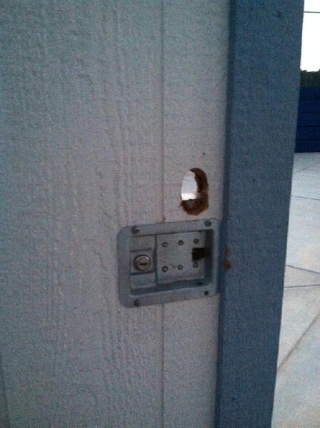 The shed nearest the Family Tree Apartments was broken into. The lock was broken off in an almost professional manner. 