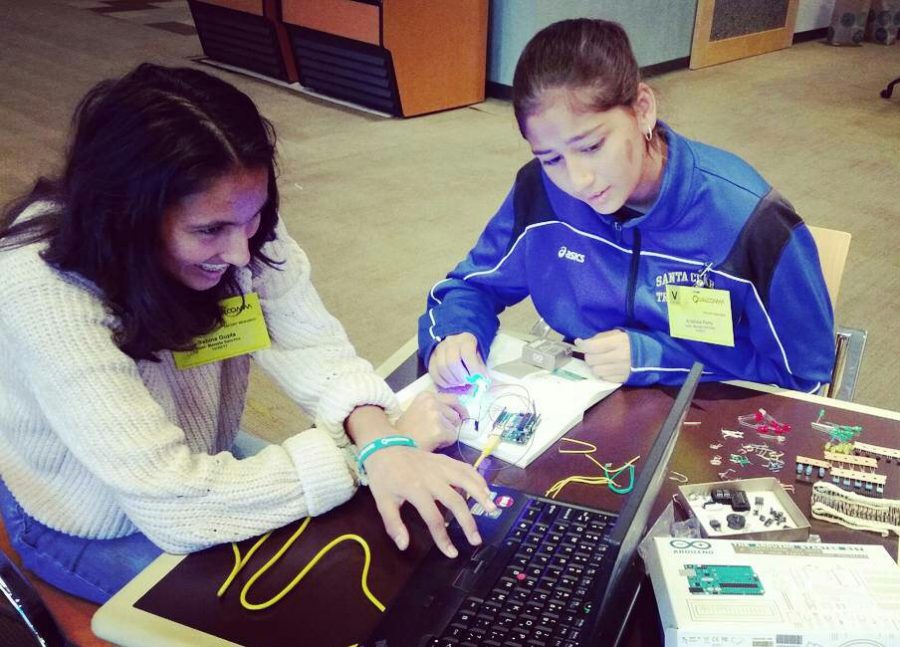 Freshmen Sabina Gupta and Krishma Perry work together on an Arduino project.