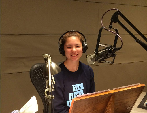 Howden records her story in the KQED studio.