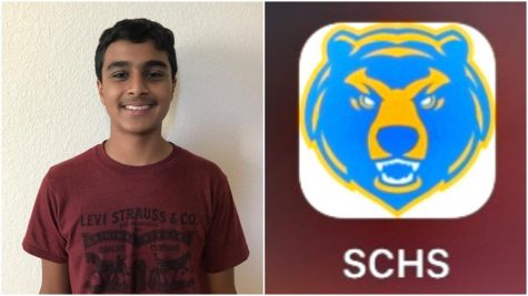 Sophomore Rishab Gupta (left) has been working on the SCHS app (right) since his freshman year. 
