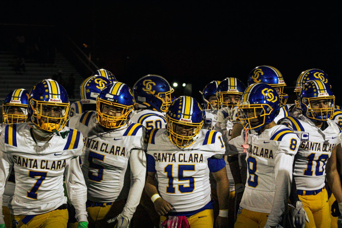 The Santa Clara High School football team breaks a huddle before the game against Los Altos High School on Nov. 1, 2024. (Courtesy Of Mason Nguyen)