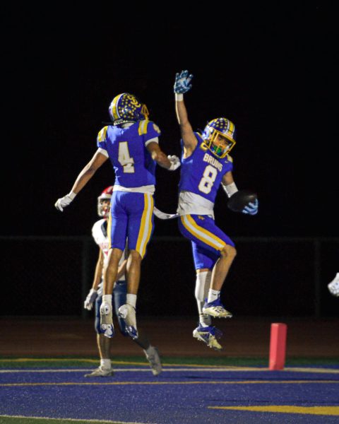 Seniors Jacob Liu and Gabriel Chavez celebrate a touchdown at Santa Clara High School on Nov. 8, 2024.