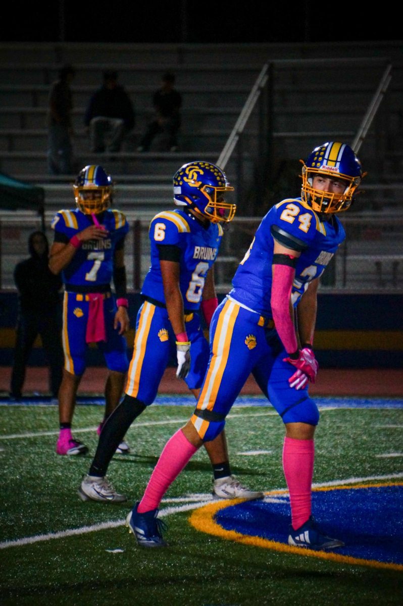 Senior Nolan Gallo, junior Joshua Perez and senior Damian Lopez get into formation for their play at Santa Clara High School’s football game against Los Altos on Oct. 9, 2025.
