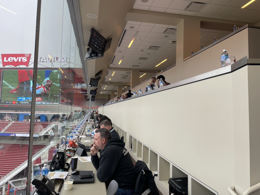 Levi’s Stadium’s press box has tiered desks for reporters to observe the game in a silent work environment.