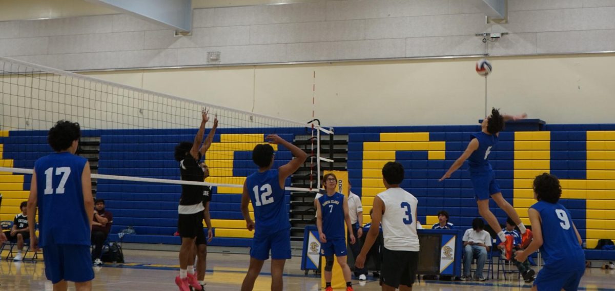 Junior Gabriel Vieira spikes the ball against the Panthers at Santa Clara High School on March 30, 2026.