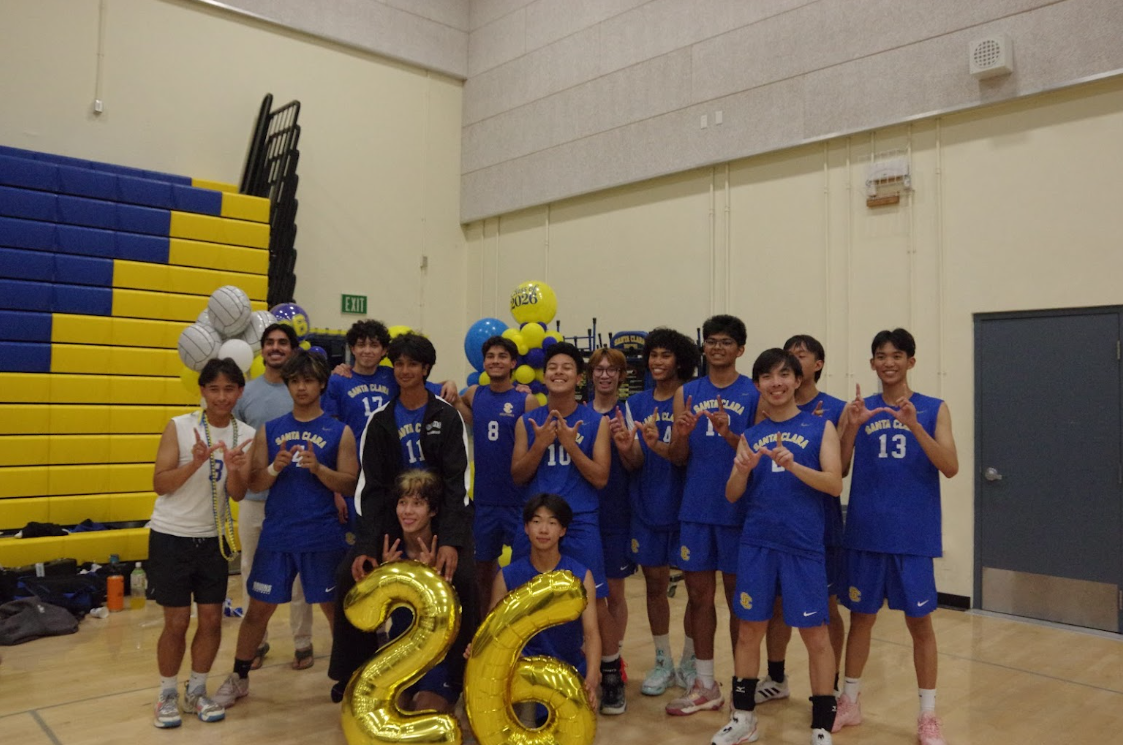 SCHS boys varsity volleyball team pose for a picture after winning their senior night game on May 6, 2026.