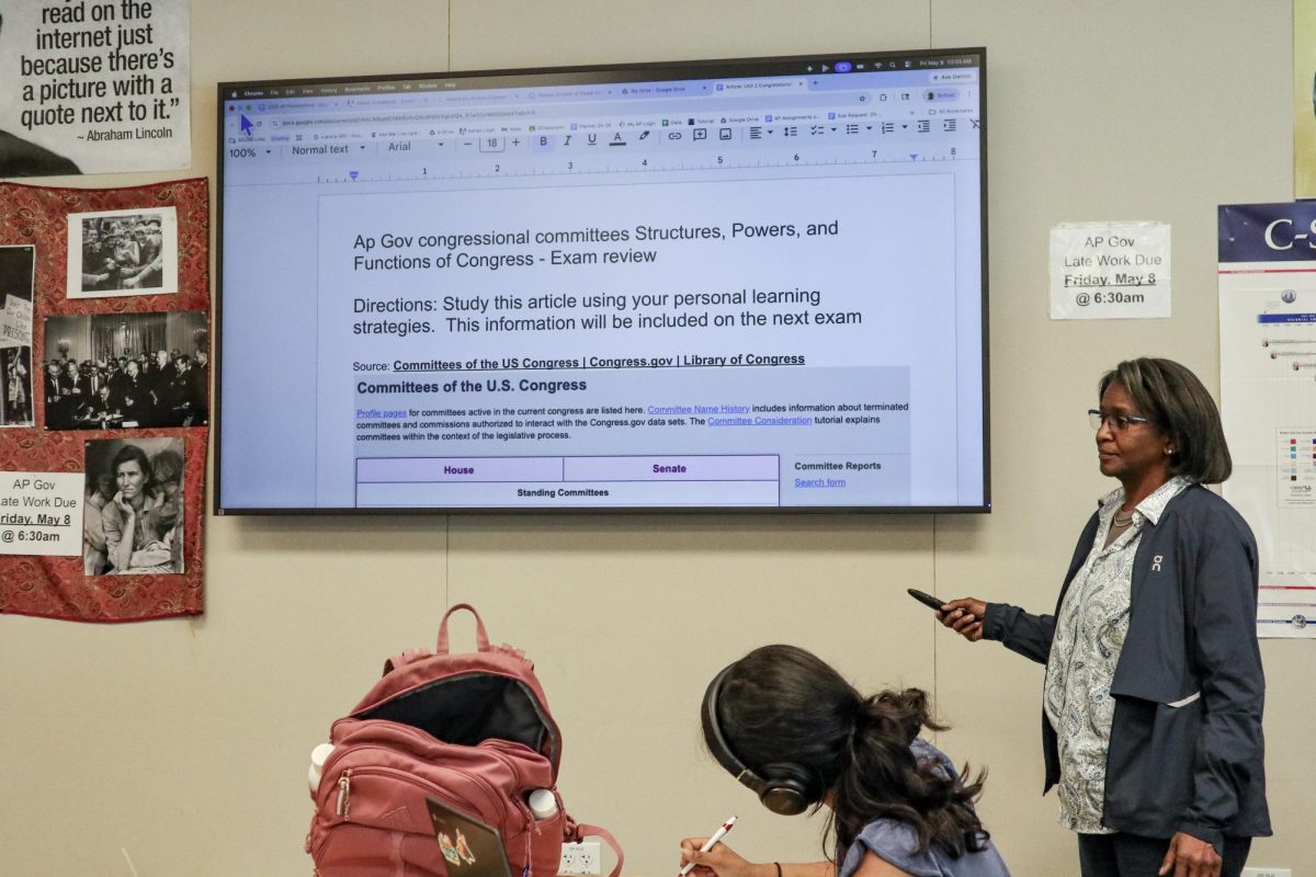 Teacher Karen Henry teaches AP Government using the new TV.